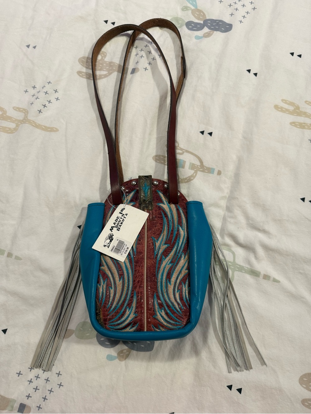 Turquoise & Red Embroidered Fringe Women's Shoulder Bag